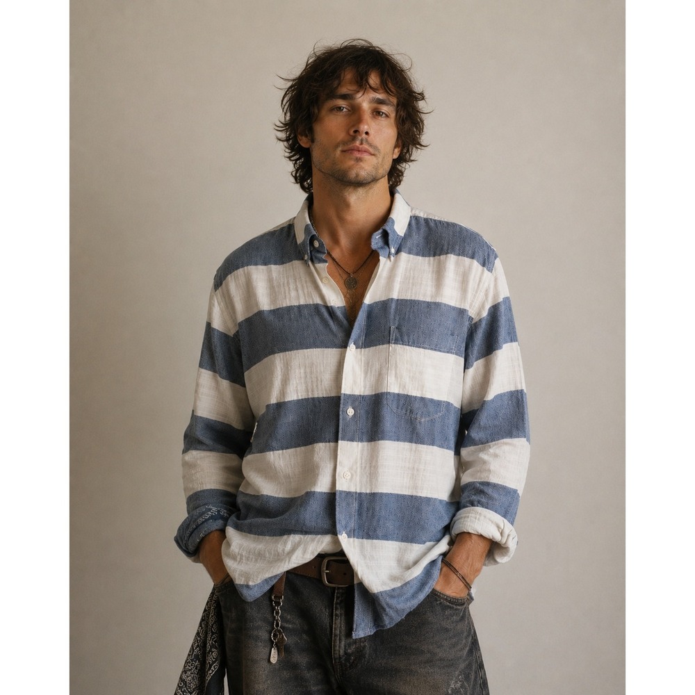 American Rag Blue White Striped Button Down Shirt XL Coastal Grandpa Boho Grunge